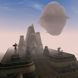 Morrowind: The Temple canton in Vivec City. The floating sphere is the Ministry of Truth.