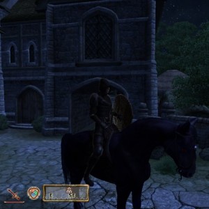 Oblivion: My PC in Shrouded Armor riding Shadowmere.