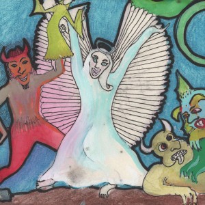 Angel and Demon dancing. Gouache, pencil crayon, and permanent marker.