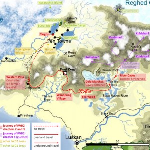 map of the Icewind Dale region, showing the journey of the IWD2 heroes from Targos to Kuldahar (for several guesses of the location of Kuldahar)